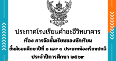 ประกาศเรื่อง การจัดชั้นเรียนของนักเรียน ม.๑ และ ม.๔ (ห้องเรียนปกติ) ปีการศึกษา ๒๕๖๙