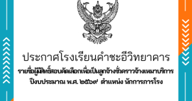 รายชื่อผู้มีสิทธิ์สอบคัดเลือกเพื่อเป็นลูกจ้างชั่วคราวจ้างเหมาบริการ ตาแหน่ง นักการภารโรง ปีงบประมาณ พ.ศ. ๒๕๖๙