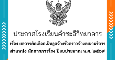 ผลการคัดเลือกเป็นลูกจ้างชั่วคราวจ้างเหมาบริการ ตำแหน่ง นักการภารโรง ปีงบประมาณ พ.ศ. ๒๕๖๙ ผลการคัดเลือกเป็นลูกจ้างชั่วคราวจ้างเหมาบริการ ตำแหน่ง นักการภารโรง ปีงบประมาณ พ.ศ. ๒๕๖๙